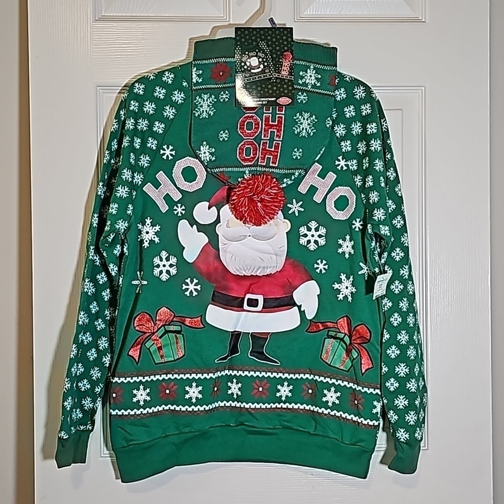 Rudolph Santa Ho Ho Ho Ugly Christmas Sweatshirt & Hat Set Size S NWT